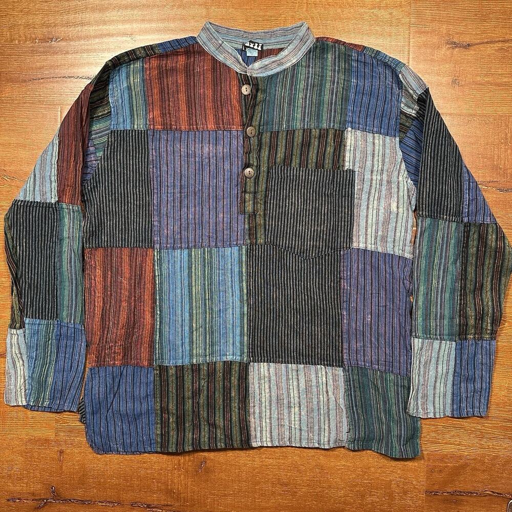 Jayli Popover Tunic Henley Shirt Mens M Patchwork Relaxed Fit Boho Retro Nepal
